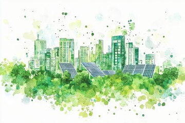 A modern city skyline featuring green buildings and solar panels, showcasing sustainability and eco-friendly innovation.
