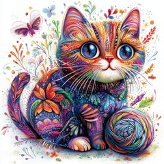 Colorful Cat with Yarn Ball and Butterfly Illustration
