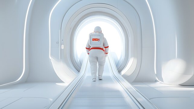 A sleek space elevator with interactive digital ascent controls and neon-lit transport pods promoting space access