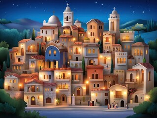 A vibrant night scene of a charming village with illuminated buildings and starry skies, perfect for captivating artwork.