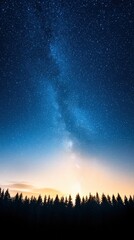 A stunning night sky filled with stars and the Milky Way, framed by silhouettes of trees against a gradient twilight.
