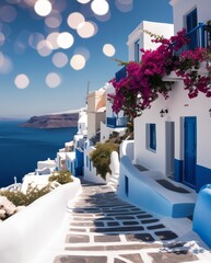 Naklejka premium Retro illustration of a street on the island of Santorini. Blue and white are pastel and saturated. This street, which leads down to the Aegean Sea, looks like a poster from the 1950s and 60s, with bo