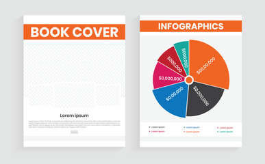 editable infographic design, pie chart graph, and book cover design.