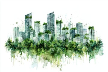 Obraz premium A vibrant watercolor depiction of a modern cityscape intertwined with lush greenery, symbolizing harmony between nature and urban life.