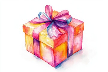 Obraz premium A vibrant watercolor gift box with a ribbon, perfect for celebrations and special occasions, symbolizing joy and surprise.