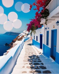 Fototapeta premium Retro illustration of a street on the island of Santorini. Blue and white are pastel and saturated. This street, which leads down to the Aegean Sea, looks like a poster from the 1950s and 60s, with bo