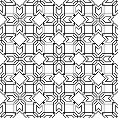 Seamless abstract geometric pattern in arabesque style, consisting of interlocking black lines on a white background. Suitable for various creative projects or decorative elements.