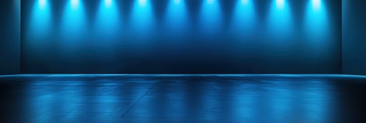 Stage setting with subtle blue lighting and a dark floor for dramatic effect.