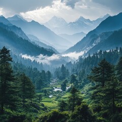 Fototapeta premium Majestic Mountain Valley with Misty Clouds and Lush Greenery