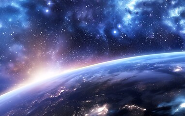 Fototapeta premium A stunning view of a planet from space, with a bright, colorful nebula in the background.