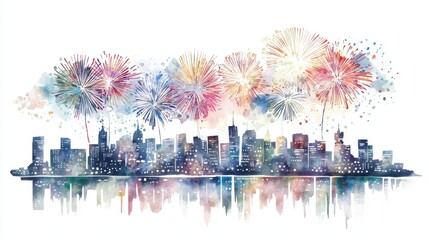 Obraz premium Vibrant watercolor city skyline with colorful fireworks illuminating the night sky, perfect for celebration and festive themes.