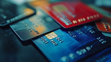 Table with plastic credit cards in macro perspective