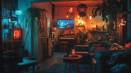 Fototapeta premium Cozy and eclectic living room with ambient lighting, indoor plants, and a piano creating a warm and inviting atmosphere.