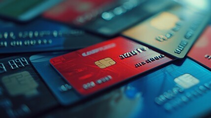Table with plastic credit cards in macro perspective