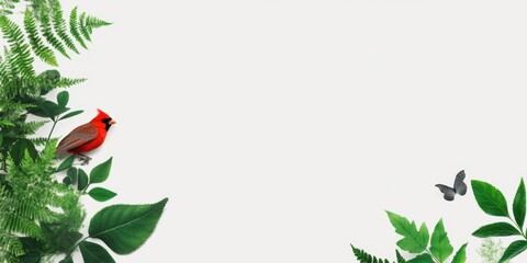 A red cardinal bird and a butterfly are nestled among lush green leaves and ferns, creating a scene of vibrant life and natural harmony against a light background.