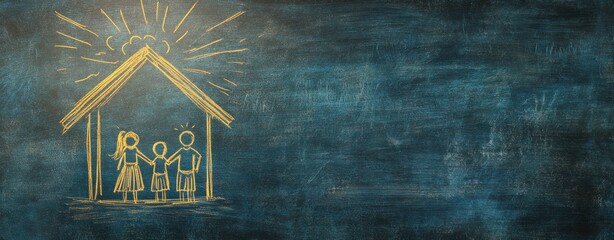 Family Home Drawing on Blue Chalkboard