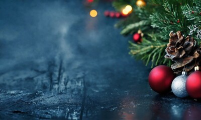 Christmas background with pine tree branches and shiny balls decoration with copy space