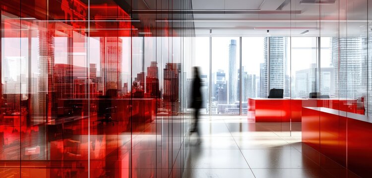 Toronto-style office, blurred with red accents and an airy ambiance.