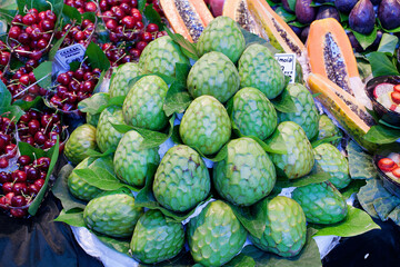 Displays of beautiful fresh produce at the famousBoqueria Food Market  in Barcelona