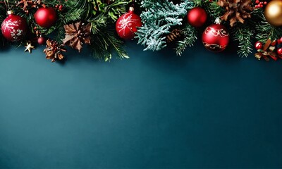 Naklejka premium Christmas background with pine tree branches and shiny balls decoration with copy space