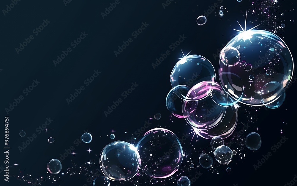 Wall mural a cluster of iridescent bubbles float against a dark blue background, reflecting the light and casti