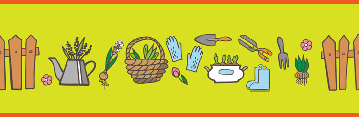 Gardening tools and flowers vector set in border pattern