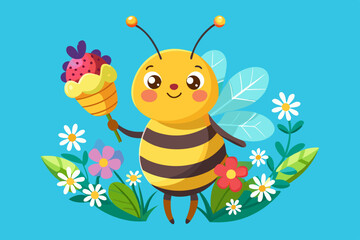 Funny Bee Adorned with Flowers and holding a honey ice cream. May 20, World Bee Day concept. vector illustration