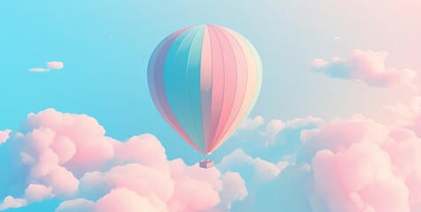 Obraz premium A pastel-colored hot air balloon floats through a dreamy sky filled with fluffy pink clouds.