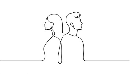 Minimalistic one-line art of a couple facing opposite directions