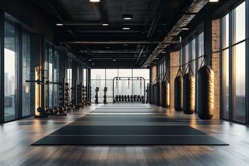 Modern Gym Interior with Large Windows and Punching Bags