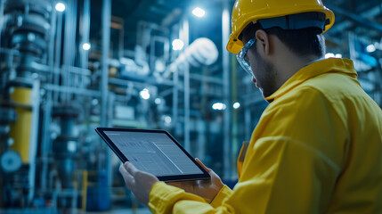 A worker in yellow safety suit and helmet is using tablet in an industrial facility, surrounded by machinery and pipes. environment is well lit, showcasing modern workspace