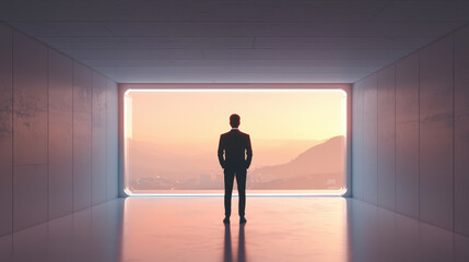 A businessman stands in minimal office, gazing out at stunning sunset view. silhouette captures moment of reflection and ambition