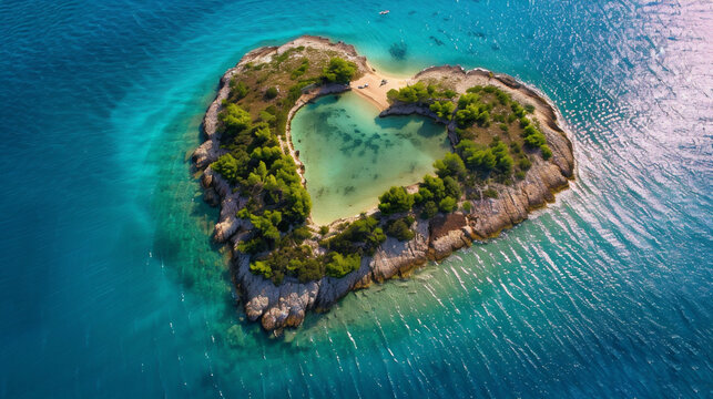 Hermosa isla con forma de coraz&oacute;n vista desde una perspectiva a&eacute;rea puede evocar una sensaci&oacute;n de asombro y romance.