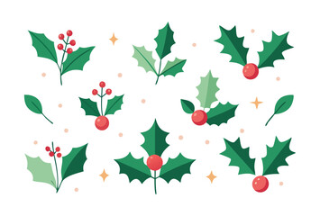Flat Design Holly Leaves and Berries Vector Set Traditional Christmas Plant Elements