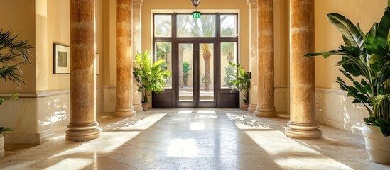 Sunlit entrance in an Italian palazzo with terra cotta and cream marble.