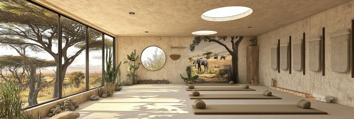Naklejka premium Yoga studio in Johannesburg with earth tone decor and minimalist style.