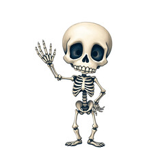 Cute Cartoon Skeleton Waving on Transparent Background