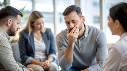 Obraz premium Man Feeling Overwhelmed in Support Circle - A man looking overwhelmed in a support circle. 