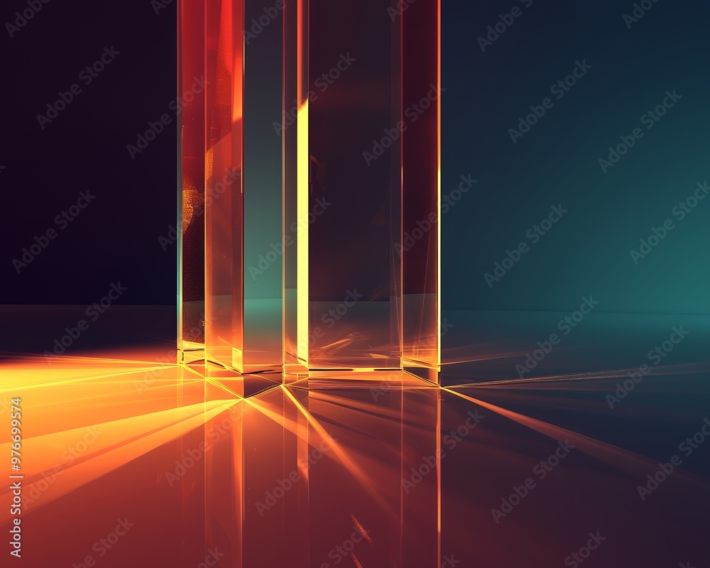 Wall mural abstract image of two glass blocks with light shining through them and reflecting off of the surface