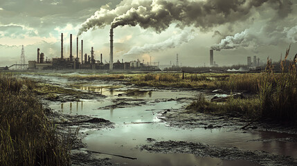 An image showing industrial pollution affecting a rural area with polluted water and damaged environment.