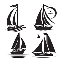 Sailboat set vector art illustration icons and logos design, boats silhouette with white background.