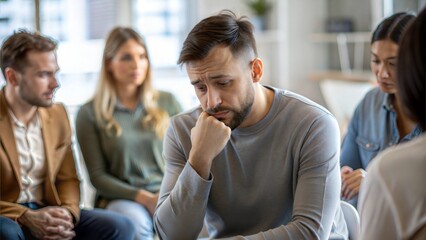 Melancholic Man at Support Session - A man showing melancholy in a support session with others.
