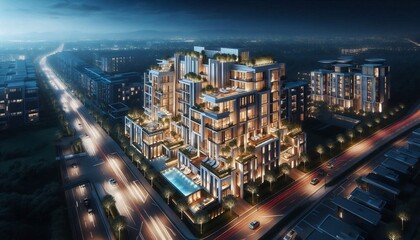 Fototapeta premium genius night sky city with a skyscraper tall tower building in 3d , night life architecture in a city . night office residential skyline view scene of tower , lighting tower city scape aerial view