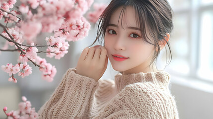 Naklejka premium Young Woman in Knit Sweater Poses with Delicate Pink Flowers