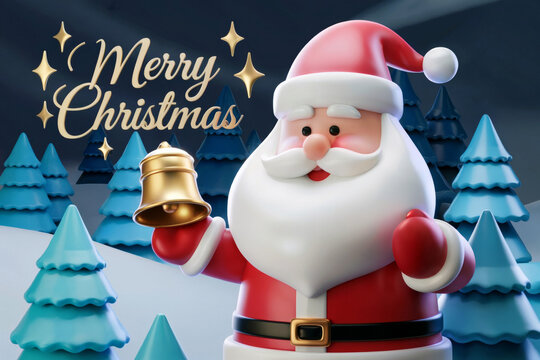 Santa Claus holding bell and present. Festive and joyful scene. Christmas celebration. Winter holiday theme. Perfect for cards, banners, posters.