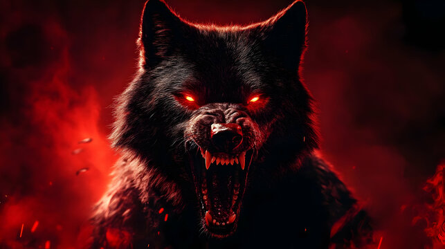 Black wolf with glowing red eyes baring teeth in front of a fiery background.