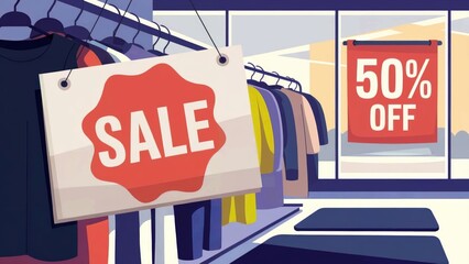Clothing store sale sign. Modern retail design. Shopping discount concept. Retail clothing application. Marketing for storefront display