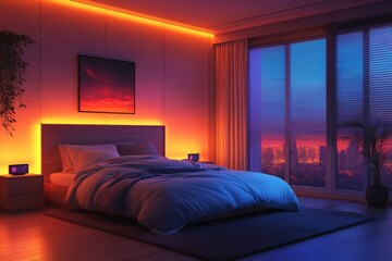 Modern bedroom with city skyline view and orange LED lights.