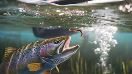 Underwater scene. Vibrant aquatic imagery. Nature and wildlife theme. Fishing adventure. For outdoor enthusiasts and nature-lovers. Closeup view with copy space.