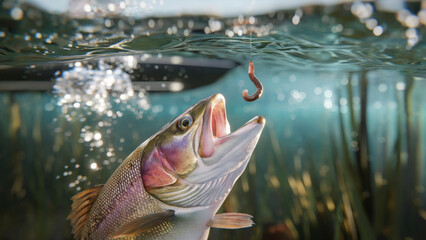 Rainbow trout biting worm underwater. Realistic nature scene. Fishing adventure. Outdoor recreational activity. Perfect for anglers, posters, and nature magazines. Closeup view with copy space.